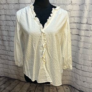 Lauren Conrad White 3D Dotted Pique3/4 Sleeve with Ruffled Collared Blouse sz M